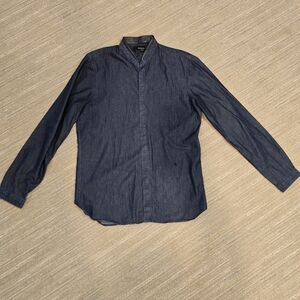 The Kooples Blue Denim Top With  Stand-Up Removable Leather Collar, Size L